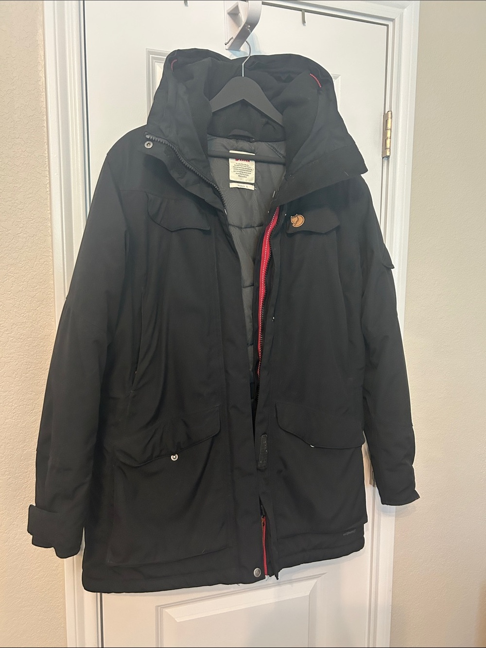 Womens FjallRaven, Huuk Black Parka Jacket with Hood